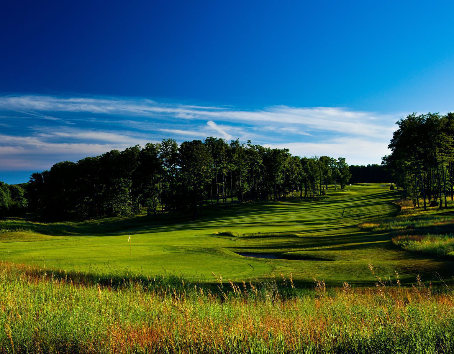 A sunny day on a putting green with a long water feature, surrounded by lush forest for the best golf courses in Michigan