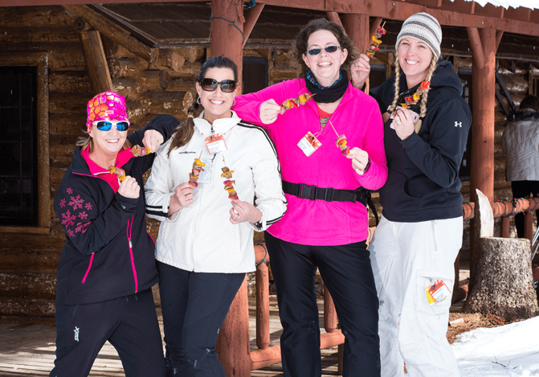 4 women enjoying Skiable Feast|Pavillion at Project Nature|Treetops River Cabin|Treetops Wooden Bridge|Tram at Project Nature|